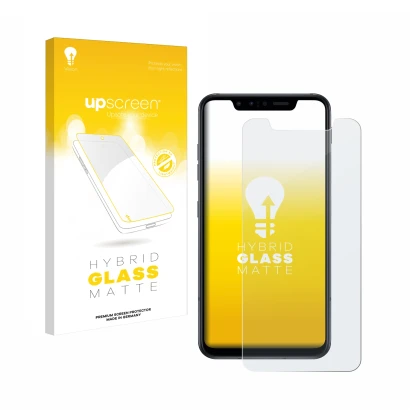 Parte frontal de un envase de producto con el logotipo de la marca upscreen. Al lado se muestra el dispositivo LG G8s ThinQ co