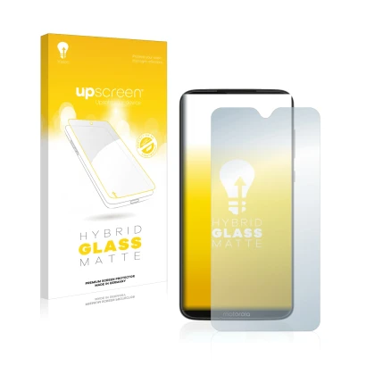 Parte frontal de un envase de producto con el logotipo de la marca upscreen. Al lado se muestra el dispositivo Motorola Moto G