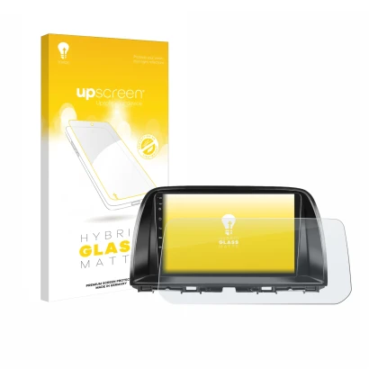 Parte frontal de un envase de producto con el logotipo de la marca upscreen. Al lado se muestra el dispositivo Mazda CX-5 2017