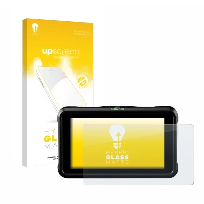 Parte frontal de un envase de producto con el logotipo de la marca upscreen. Al lado se muestra el dispositivo Atomos Shinobi 