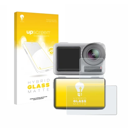 Parte frontal de un envase de producto con el logotipo de la marca upscreen. Al lado se muestra el dispositivo DJI Osmo Action