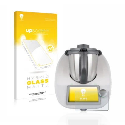 Parte frontal de un envase de producto con el logotipo de la marca upscreen. Al lado se muestra el dispositivo Vorwerk Bimby T