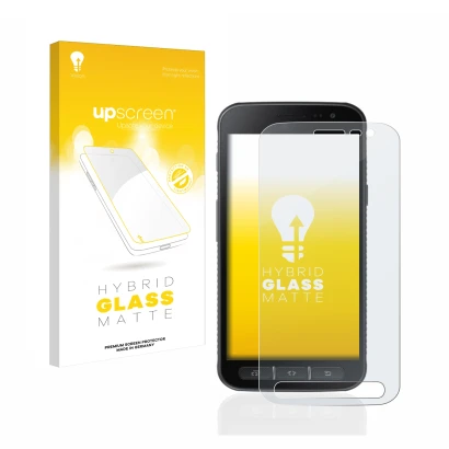 Parte frontal de un envase de producto con el logotipo de la marca upscreen. Al lado se muestra el dispositivo Samsung Galaxy 