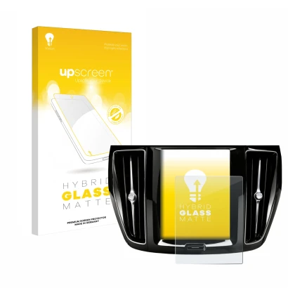 Parte frontal de un envase de producto con el logotipo de la marca upscreen. Al lado se muestra el dispositivo Volvo V60 Sensu