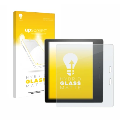 Parte frontal de un envase de producto con el logotipo de la marca upscreen. Al lado se muestra el dispositivo Amazon Kindle O