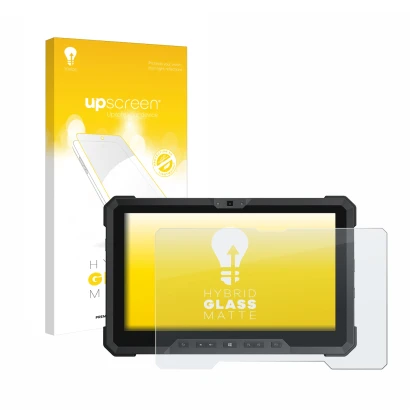 Parte frontal de un envase de producto con el logotipo de la marca upscreen. Al lado se muestra el dispositivo Dell Latitude 1