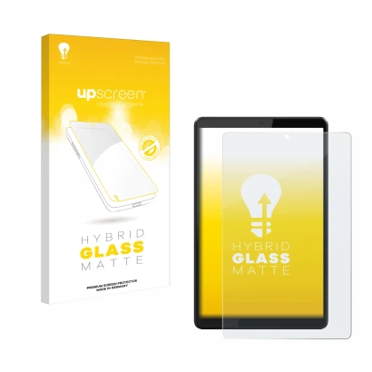 Parte frontal de un envase de producto con el logotipo de la marca upscreen. Al lado se muestra el dispositivo Lenovo Tab M8 c