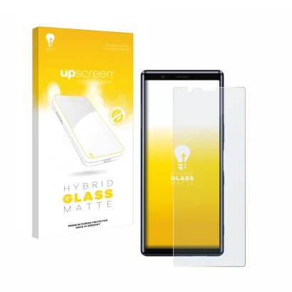 Parte frontal de un envase de producto con el logotipo de la marca upscreen. Al lado se muestra el dispositivo Sony Xperia 5 c