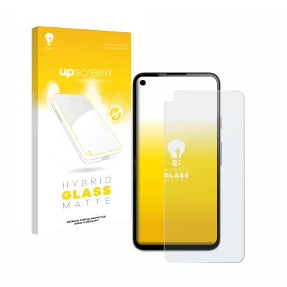 Parte frontal de un envase de producto con el logotipo de la marca upscreen. Al lado se muestra el dispositivo Google Pixel 4a