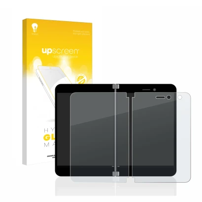 Parte frontal de un envase de producto con el logotipo de la marca upscreen. Al lado se muestra el dispositivo Microsoft Surfa
