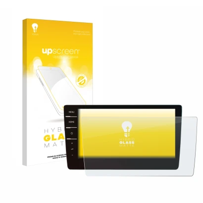 Parte frontal de un envase de producto con el logotipo de la marca upscreen. Al lado se muestra el dispositivo Volkswagen Pass