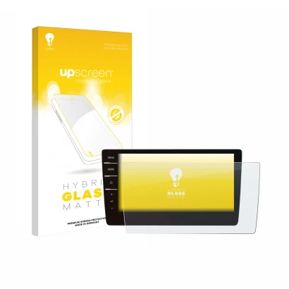 Parte frontal de un envase de producto con el logotipo de la marca upscreen. Al lado se muestra el dispositivo Volkswagen Arte