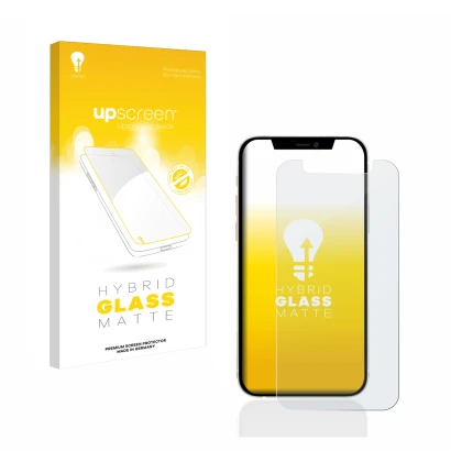 Parte frontal de un envase de producto con el logotipo de la marca upscreen. Al lado se muestra el dispositivo Apple iPhone 12