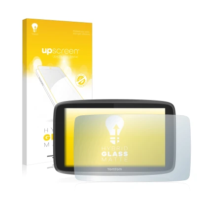 Parte frontal de un envase de producto con el logotipo de la marca upscreen. Al lado se muestra el dispositivo TomTom Go Profe