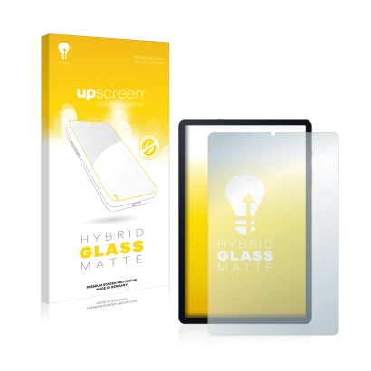 Parte frontal de un envase de producto con el logotipo de la marca upscreen. Al lado se muestra el dispositivo Samsung Galaxy 