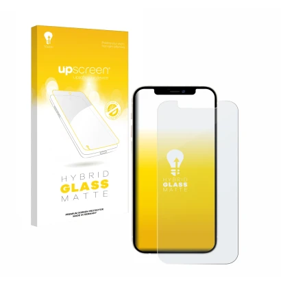 Parte frontal de un envase de producto con el logotipo de la marca upscreen. Al lado se muestra el dispositivo Apple iPhone 12