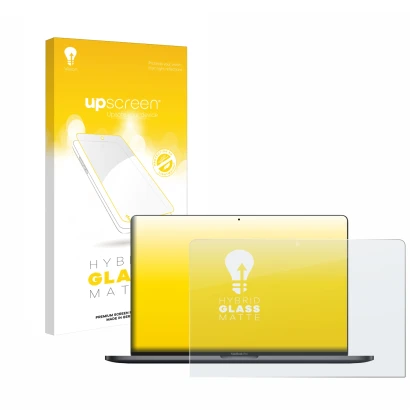 Parte frontal de un envase de producto con el logotipo de la marca upscreen. Al lado se muestra el dispositivo Apple MacBook P