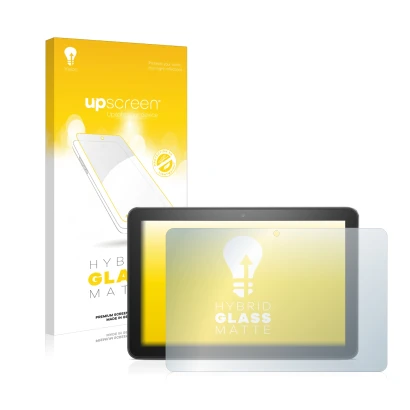 Parte frontal de un envase de producto con el logotipo de la marca upscreen. Al lado se muestra el dispositivo Amazon Fire HD 