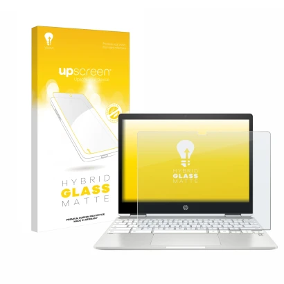 Parte frontal de un envase de producto con el logotipo de la marca upscreen. Al lado se muestra el dispositivo HP Chromebook x