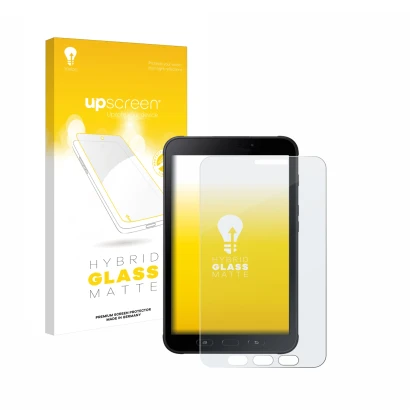 Parte frontal de un envase de producto con el logotipo de la marca upscreen. Al lado se muestra el dispositivo Samsung Galaxy 