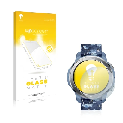 Parte frontal de un envase de producto con el logotipo de la marca upscreen. Al lado se muestra el dispositivo Honor Watch GS 