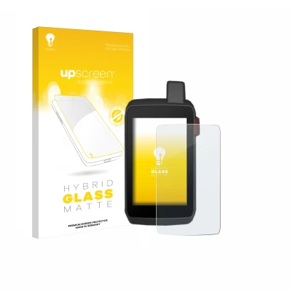 Parte frontal de un envase de producto con el logotipo de la marca upscreen. Al lado se muestra el dispositivo Garmin Montana 