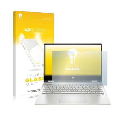 Parte frontal de un envase de producto con el logotipo de la marca upscreen. Al lado se muestra el dispositivo HP Pavilion x36