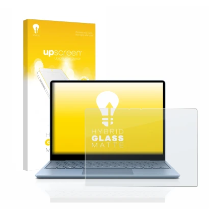 Parte frontal de un envase de producto con el logotipo de la marca upscreen. Al lado se muestra el dispositivo Microsoft Surfa