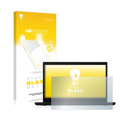 Parte frontal de un envase de producto con el logotipo de la marca upscreen. Al lado se muestra el dispositivo Lenovo ThinkPad