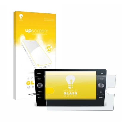 Parte frontal de un envase de producto con el logotipo de la marca upscreen. Al lado se muestra el dispositivo Volkswagen Tigu