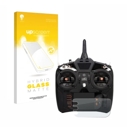 Parte frontal de un envase de producto con el logotipo de la marca upscreen. Al lado se muestra el dispositivo Spektrum NX8 co