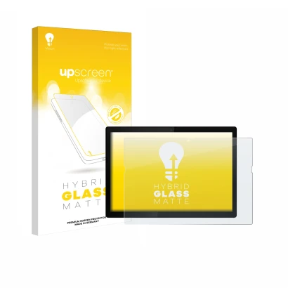 Parte frontal de un envase de producto con el logotipo de la marca upscreen. Al lado se muestra el dispositivo Lenovo ThinkPad