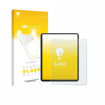 Parte frontal de un envase de producto con el logotipo de la marca upscreen. Al lado se muestra el dispositivo Apple iPad Pro 