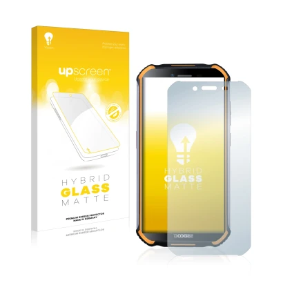 Parte frontal de un envase de producto con el logotipo de la marca upscreen. Al lado se muestra el dispositivo Doogee S40 Pro 