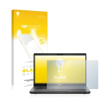 Parte frontal de un envase de producto con el logotipo de la marca upscreen. Al lado se muestra el dispositivo Dell Latitude 5