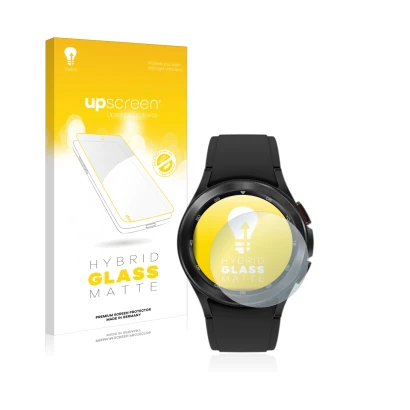 Parte frontal de un envase de producto con el logotipo de la marca upscreen. Al lado se muestra el dispositivo Samsung Galaxy 