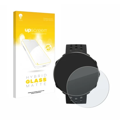 Parte frontal de un envase de producto con el logotipo de la marca upscreen. Al lado se muestra el dispositivo Polar Vantage M