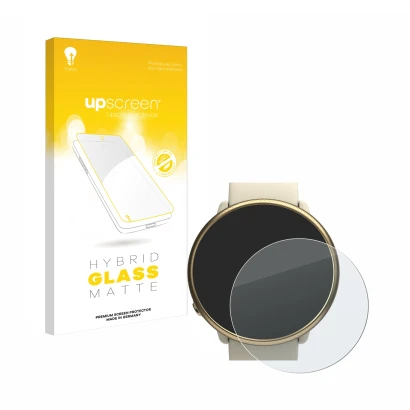 Parte frontal de un envase de producto con el logotipo de la marca upscreen. Al lado se muestra el dispositivo Polar Ignite 2 