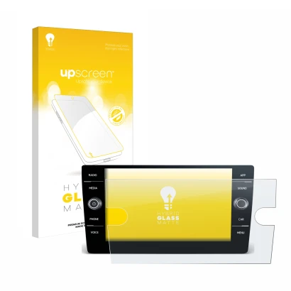 Parte frontal de un envase de producto con el logotipo de la marca upscreen. Al lado se muestra el dispositivo Volkswagen T6 2