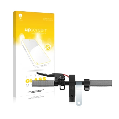 Parte frontal de un envase de producto con el logotipo de la marca upscreen. Al lado se muestra el dispositivo Xiaomi Mi 1S co