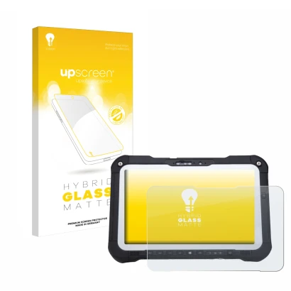 Parte frontal de un envase de producto con el logotipo de la marca upscreen. Al lado se muestra el dispositivo Panasonic Tough