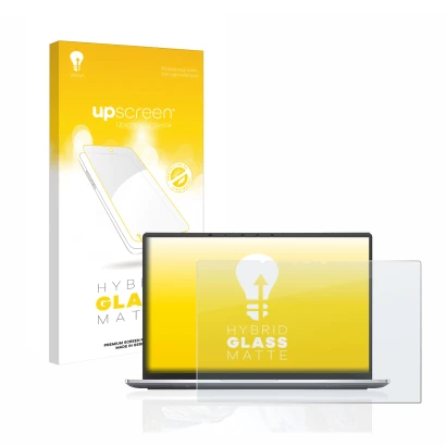 Parte frontal de un envase de producto con el logotipo de la marca upscreen. Al lado se muestra el dispositivo Dell Latitude 9