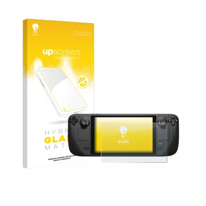 Parte frontal de un envase de producto con el logotipo de la marca upscreen. Al lado se muestra el dispositivo Valve Steam Dec