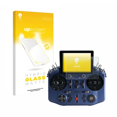 Parte frontal de un envase de producto con el logotipo de la marca upscreen. Al lado se muestra el dispositivo FrSky Tandem X2