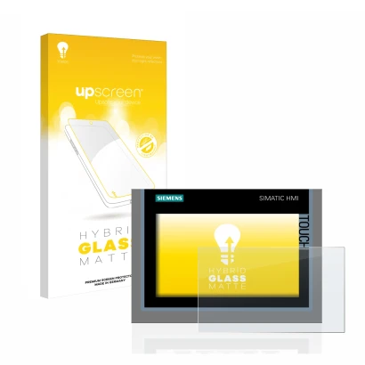 Parte frontal de un envase de producto con el logotipo de la marca upscreen. Al lado se muestra el dispositivo Siemens Simatic