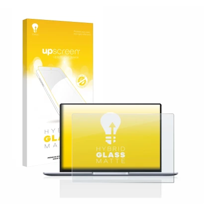 Parte frontal de un envase de producto con el logotipo de la marca upscreen. Al lado se muestra el dispositivo Huawei MateBook