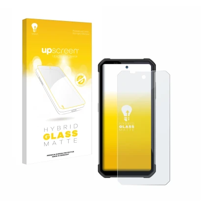 Parte frontal de un envase de producto con el logotipo de la marca upscreen. Al lado se muestra el dispositivo Oukitel WP17 co