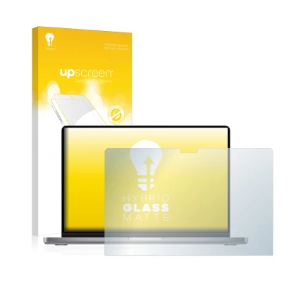 Parte frontal de un envase de producto con el logotipo de la marca upscreen. Al lado se muestra el dispositivo Apple MacBook P