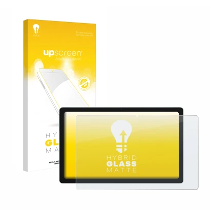 Parte frontal de un envase de producto con el logotipo de la marca upscreen. Al lado se muestra el dispositivo Blackview Tab 1