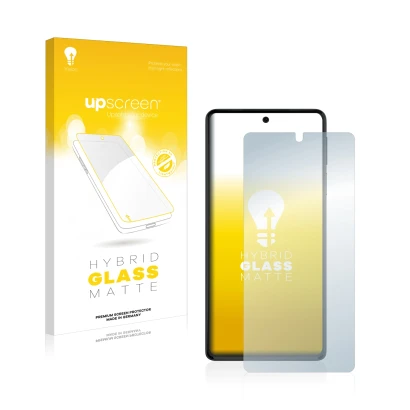 Parte frontal de un envase de producto con el logotipo de la marca upscreen. Al lado se muestra el dispositivo Motorola Edge 3